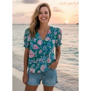 Rachel Zoe Puff Sleeve V-neck Top Green Size XS